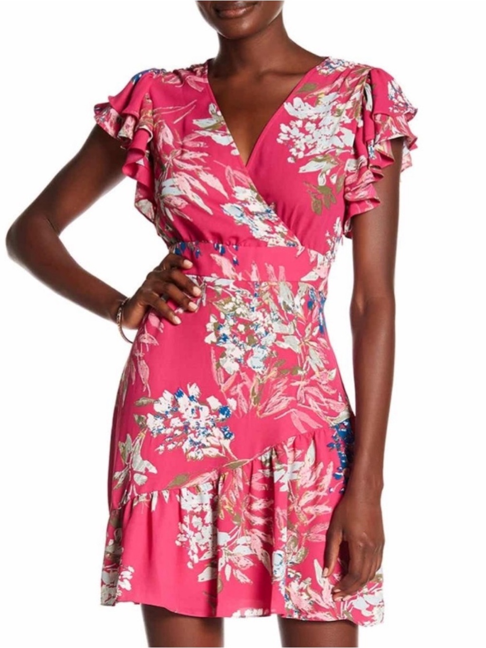 Rachel Roy Fuchsia Floral Asymmetrical Flutter Sleeve Dress Size 10